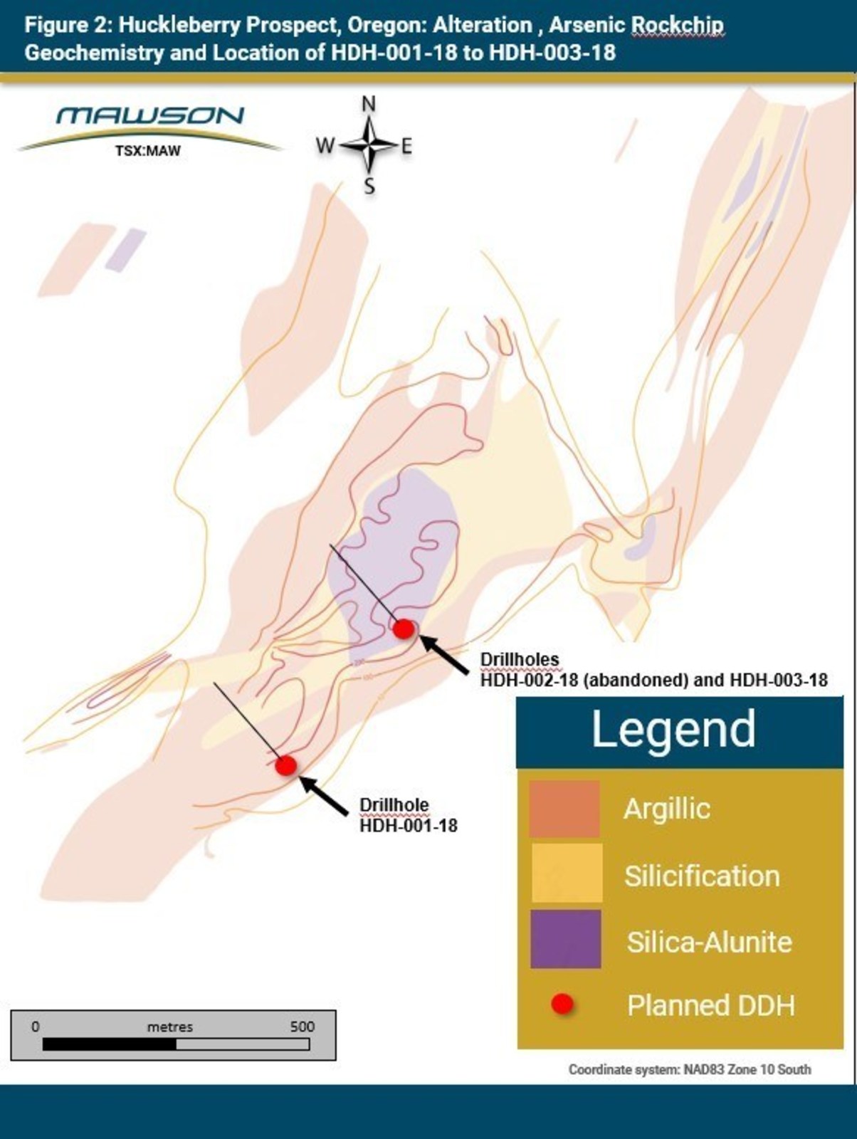 Figure 2: Huckleberry Prospect, Oregon: Alteration, Arsenic Rockchip Geochemistryand Location of HDH-001-18 to HDH-003-18