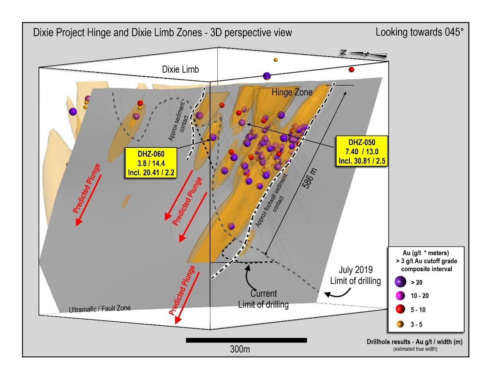 Figure 1: 3D section of the Hinge Zone drilling to-date, view to northeast, showing steeply plunging mineralization and predicted down-plunge high-grade zone geometries.  All zones remain open to extension.  Limits of current drilling shown with dashed line.  Currently interpreted sediment contacts also shown in highlighted dashed lines.