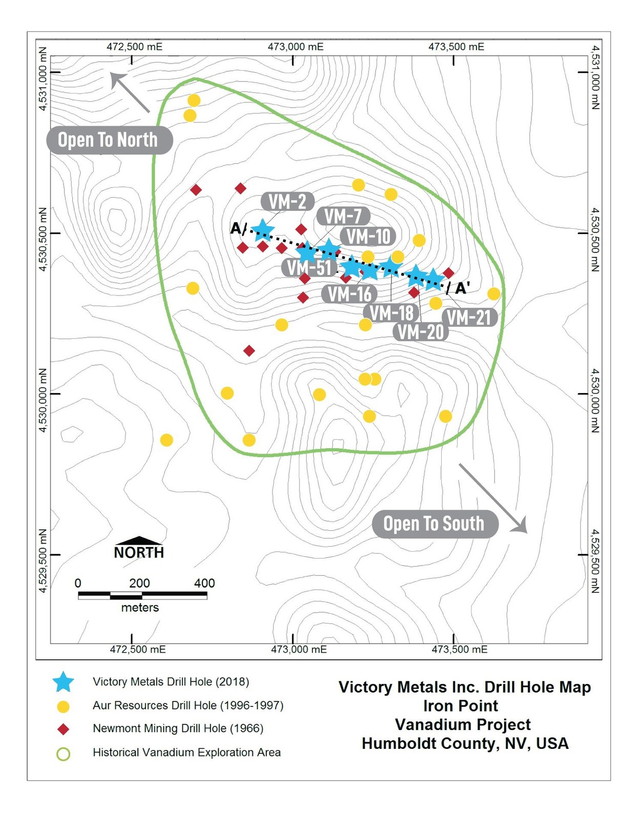 Figure 1: Victory’s second stage confirmation RC drill holes shown by light blue stars, in relation to first release drilling and historical Newmont and Aur Resource Inc. drill holes.