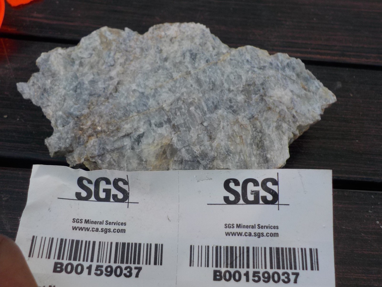 Figure 1 Grab sample 159037 of pure petalite with 4.43 % Li2O from Marko’s pegmatite, Paterson Lake Property, Ontario.