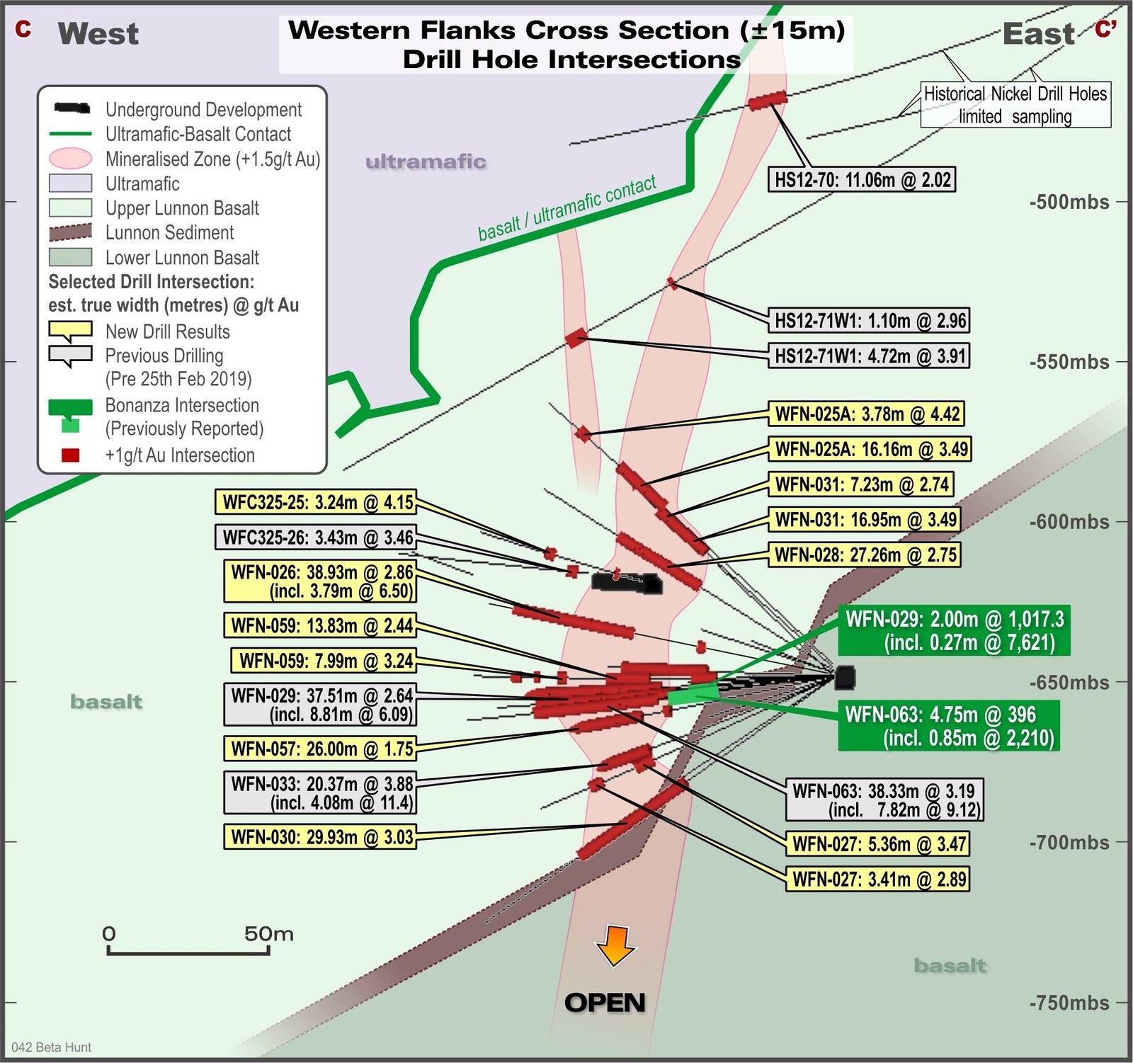 Figure 3 – Western Flanks Cross Section looking North showing current and historical drill traces and selected intersections. See figure 2 for location of cross section.  Bonanza intersections are associated with pyritic Lunnon sediment in the footwall to the main mineralized shear system.  Note that sampling for gold is incomplete through the Western Flanks shear system in historical HS-series holes near the top of the section that were drilled for nickel.  All intersections are reported as estimated true widths.