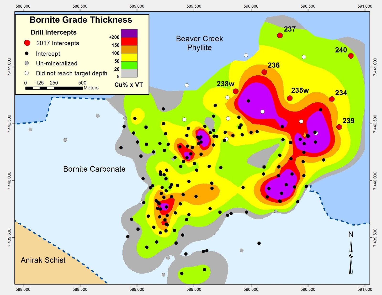 Figure 1 – MAP SHOWING GRADE X THICKNESS OF MINERALIZED INTERSECTIONS USING A 0.3% Cu CUT-OFF GRADE