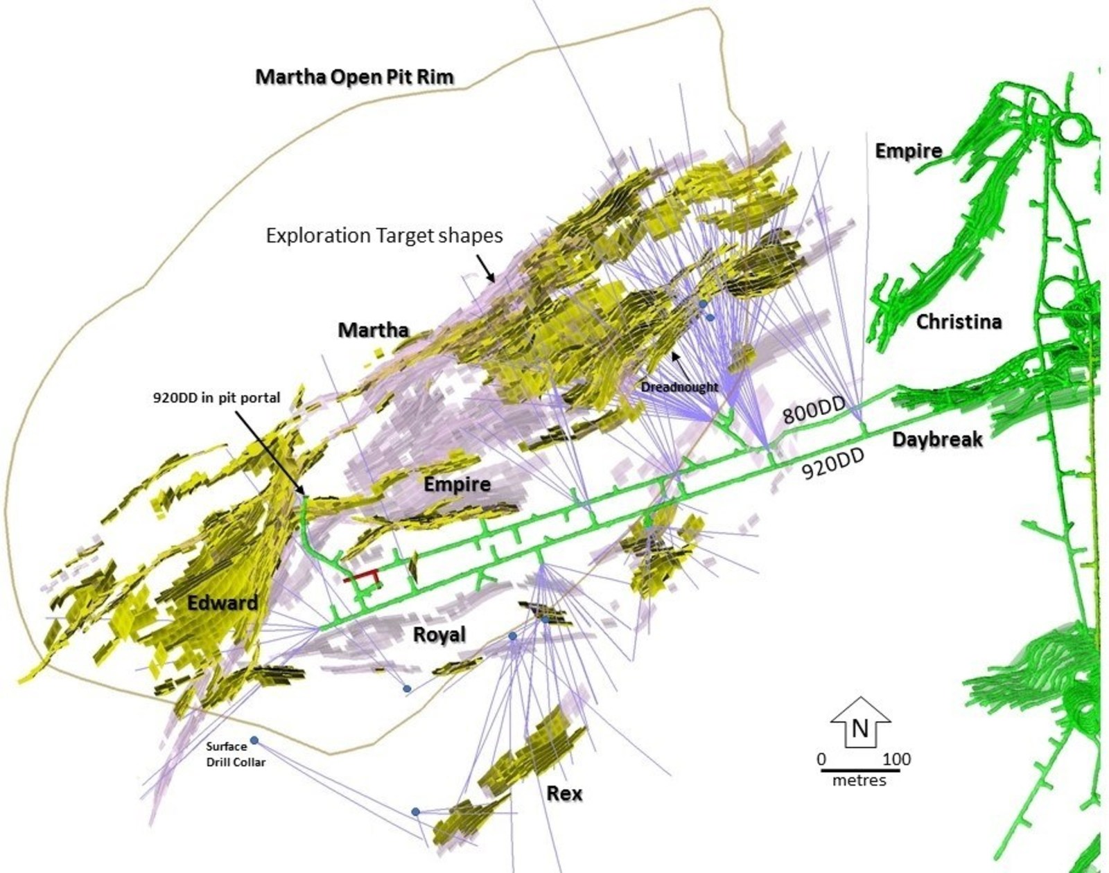 Figure 2 – Plan View showing holes drilled from August 2017 to January 2019 within the Martha vein system and the dominant targeted veins. Pink = Main Target Areas, Yellow = Current Martha Underground Resource Areas, Green = Recent and Current Mining Areas.