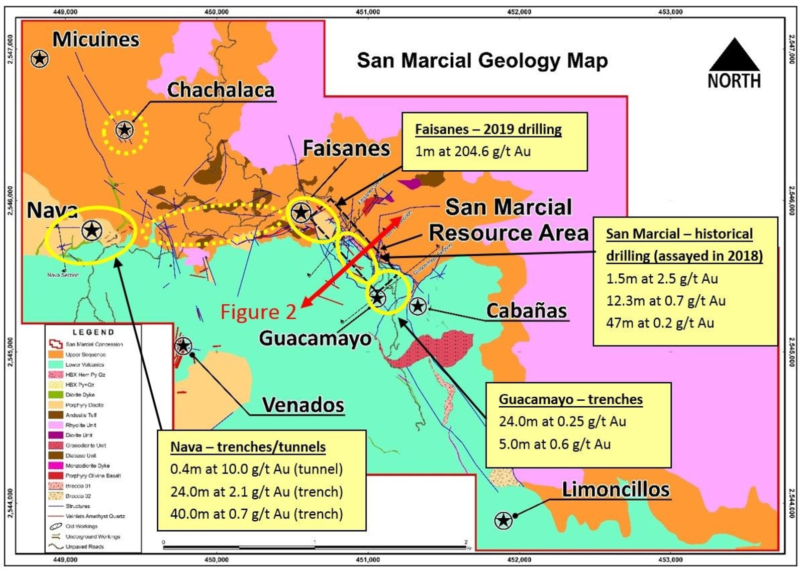 Figure 1: Gold potential at San Marcial - Best gold results to date from four priority targets