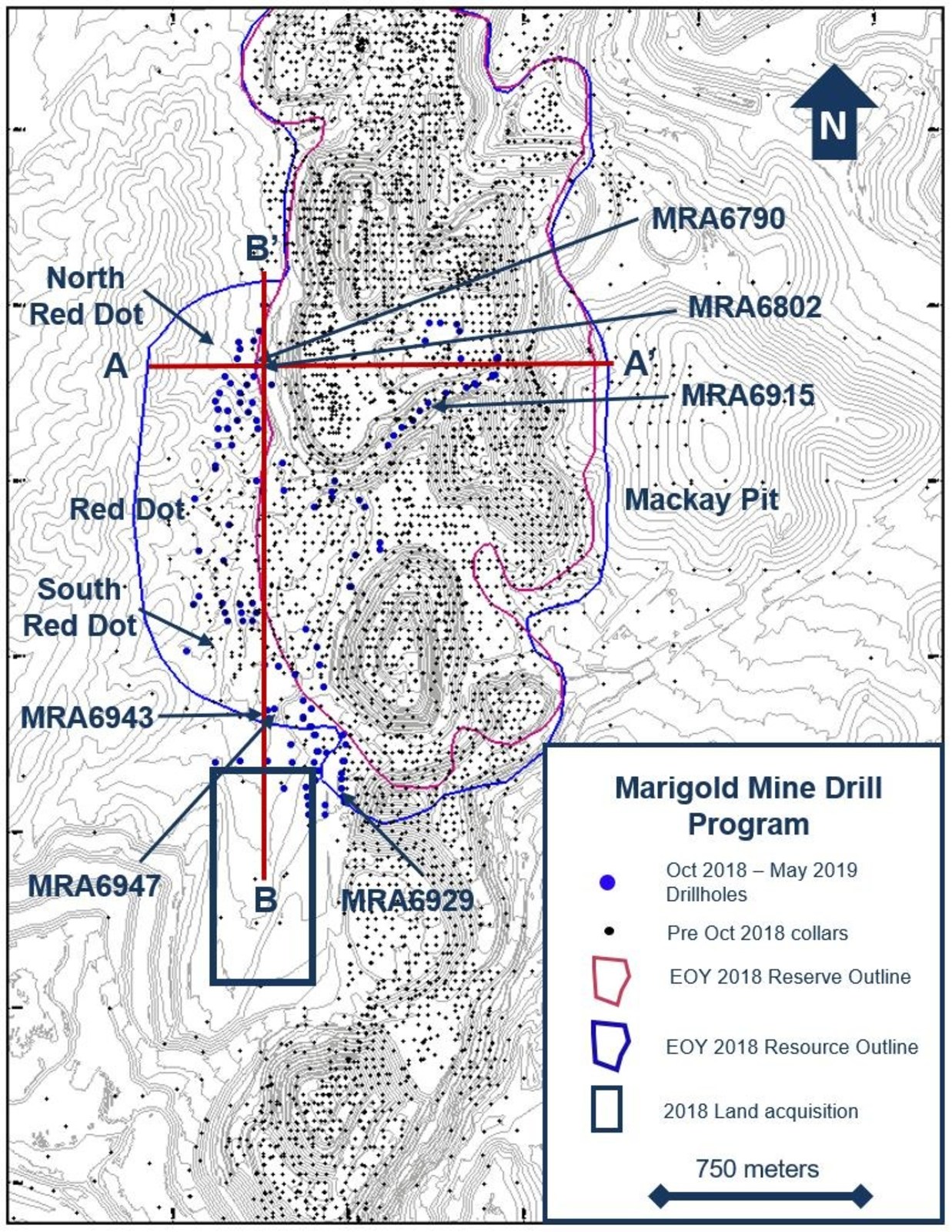 Figure 1. Drillhole location plan map for the exploration drill programs at the Marigold mine, Nevada, U.S. during the Exploration Period.