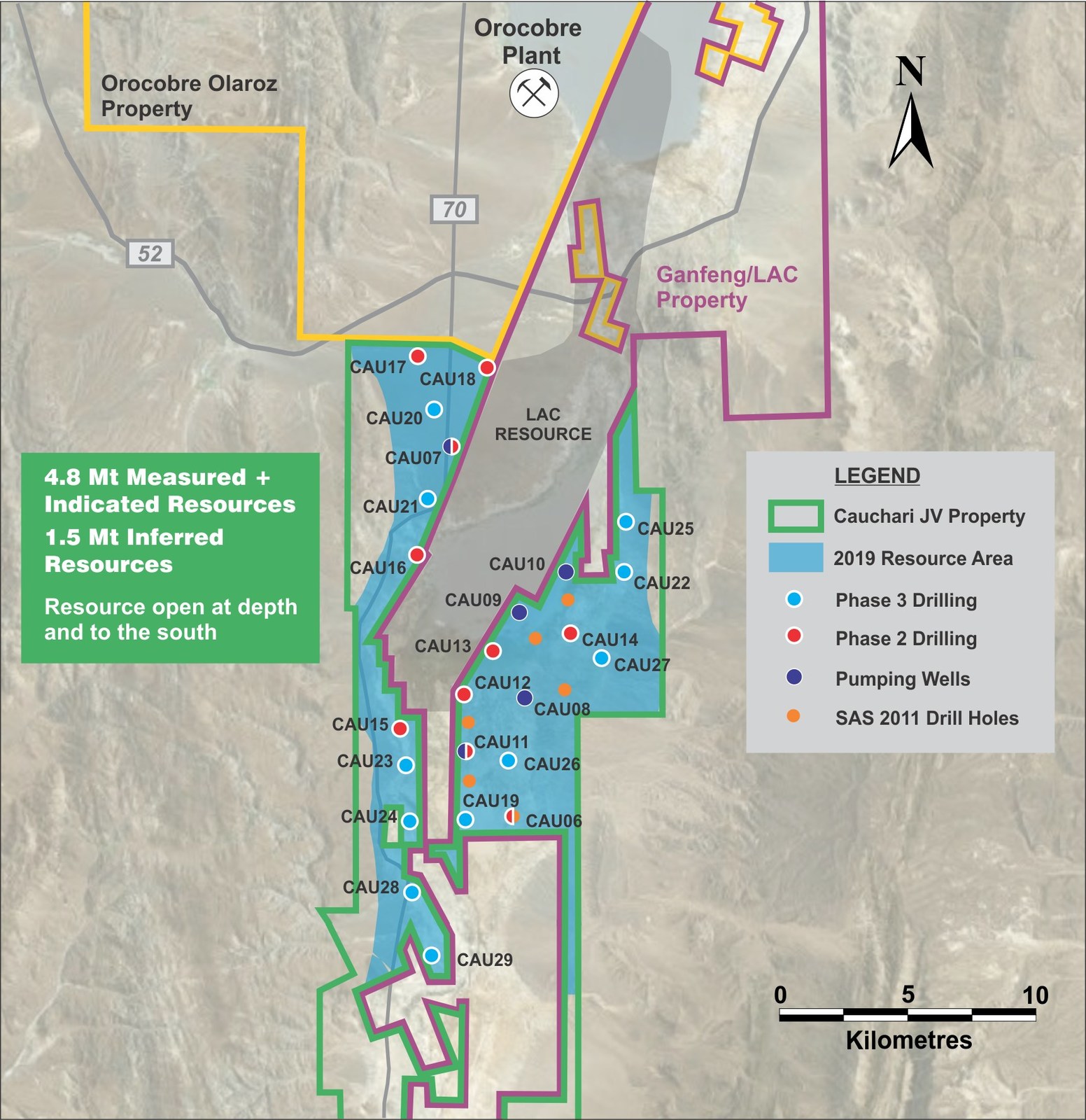 Figure 1: Location of Cauchari properties, drill holes and the resource area – dashed line shows the cross section in Figure 2