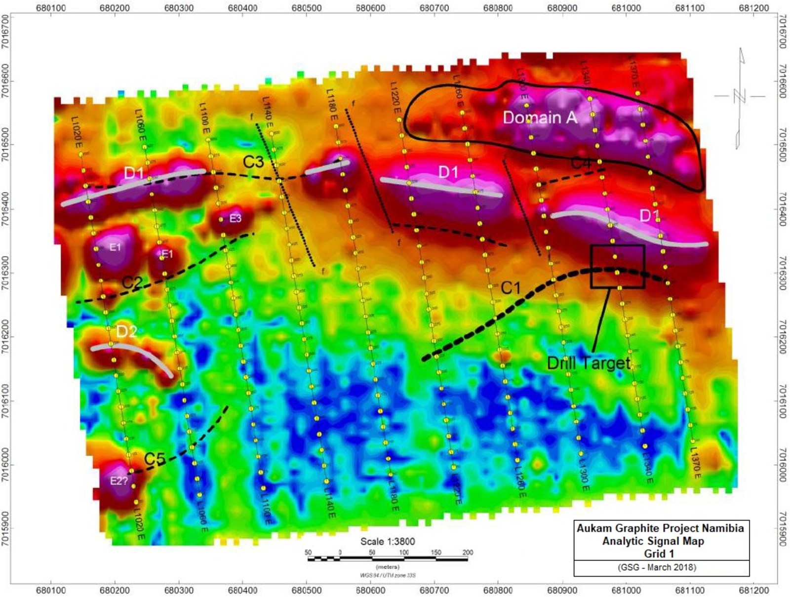 Figure 2 showing the interpretation overlain on  the Grid 1 Analytic Signal Map. Conductors C1 to C5 interpreted as possible graphitic mineralization. The best EM anomaly is C1 and trenching and drilling is recommended on Line 1340