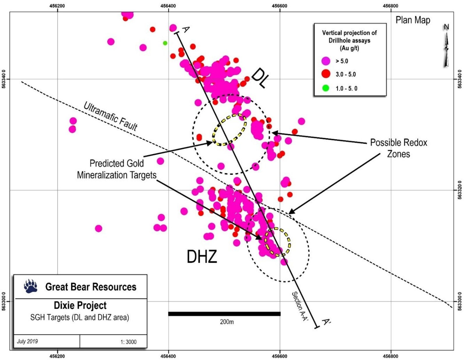 Figure 1: Successful SGH orientation soil/till survey results showing predicted bedrock gold targets below the Hinge and Dixie Limb Zones.
