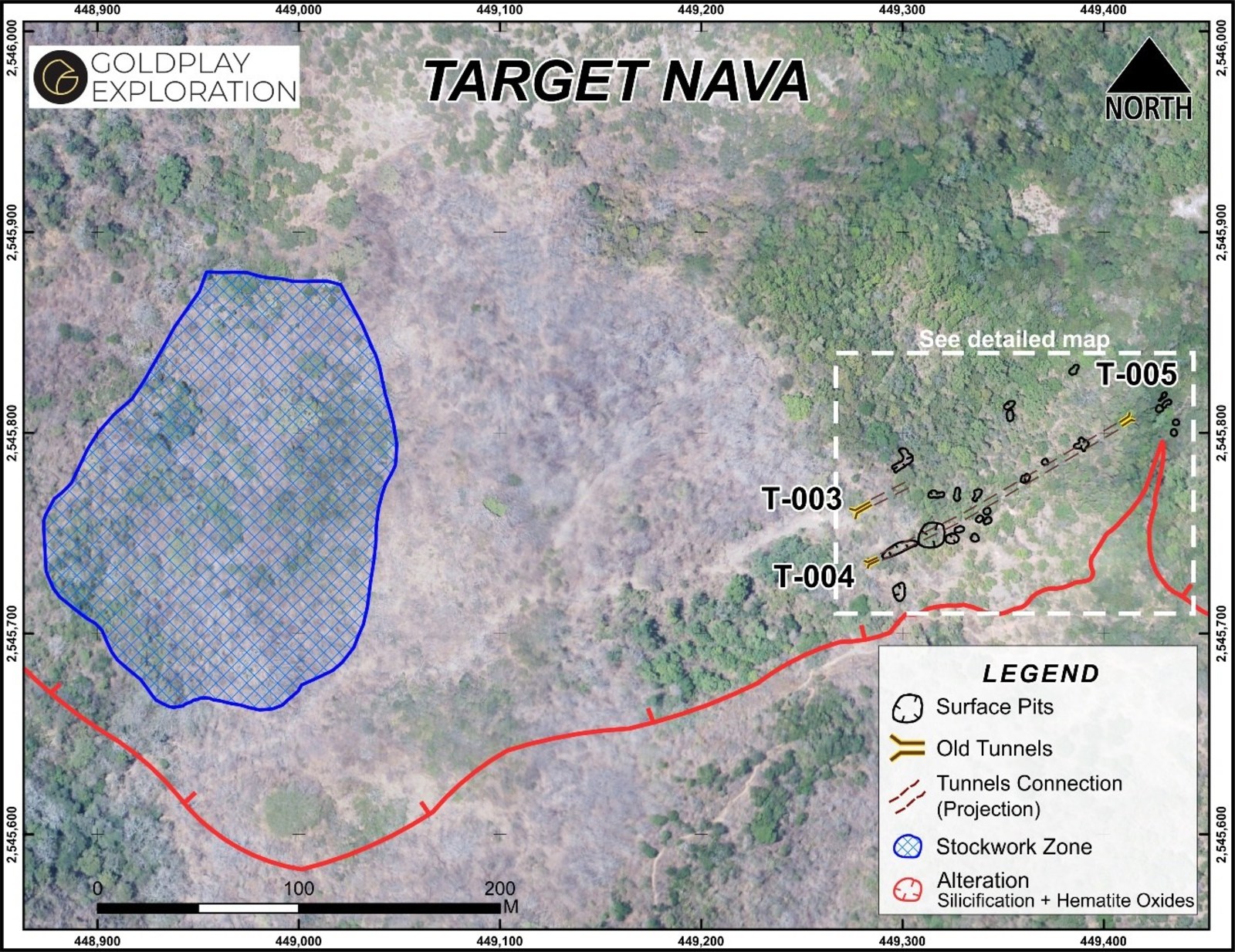 Figure 3 Nava Zone – Location of Tunnels, Old Workings and Stockwork Zone