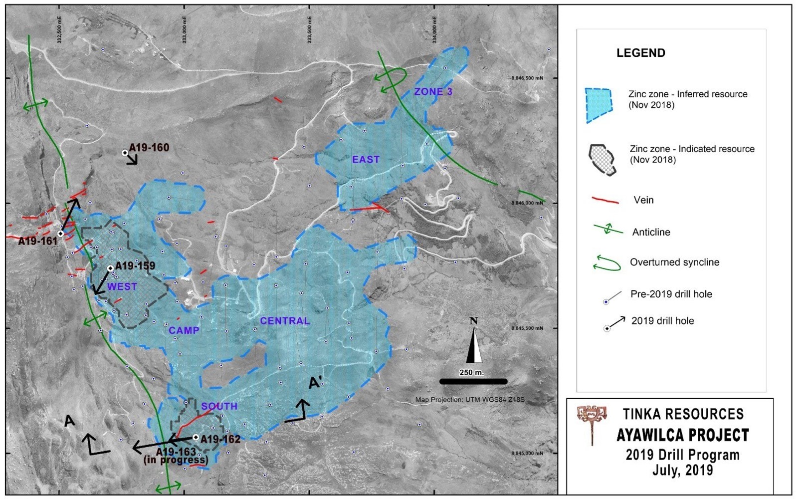 Figure 3.  Map of Ayawilca showing 2019 drill holes and Zinc Mineral Resources