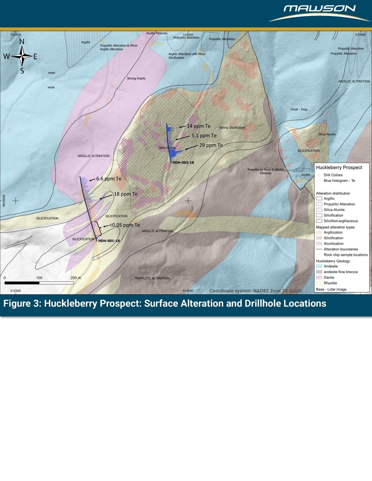 Figure 3: Huckleberry Prospect: Surface Alteration and Drillhole Locations