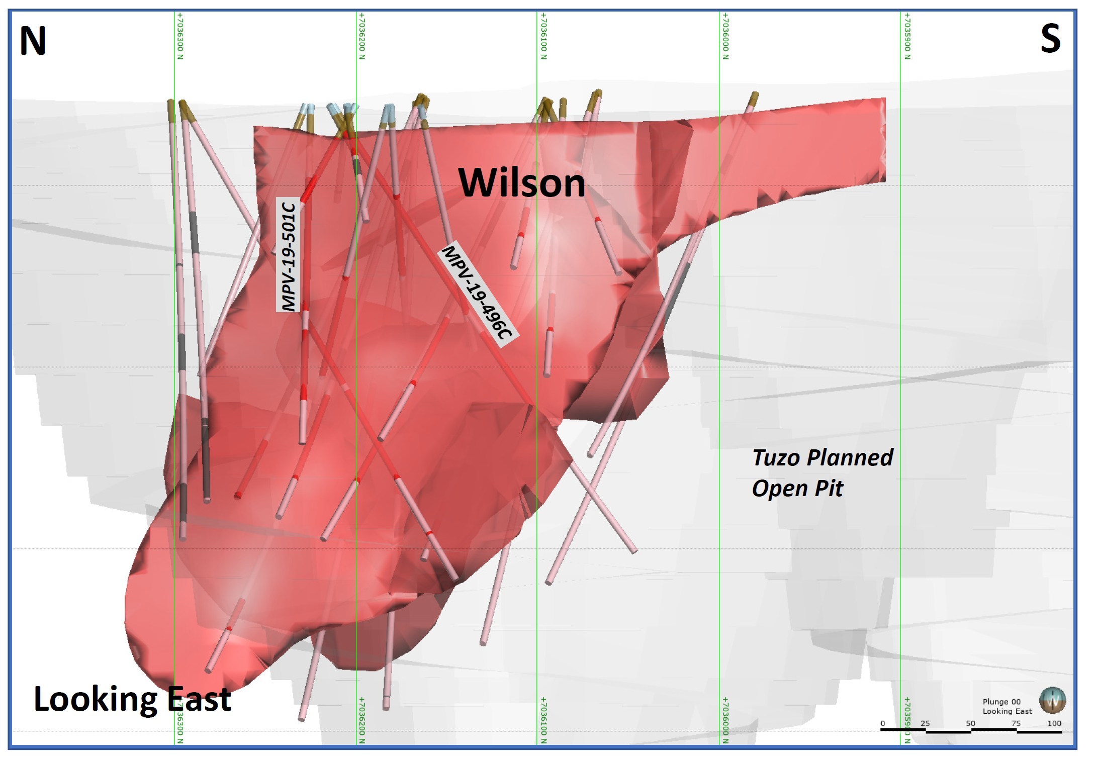 Cross-sectional image of Wilson kimberlite (red), with drillholes 496C and 501C as noted. (CNW Group/Mountain Province Diamonds Inc.)