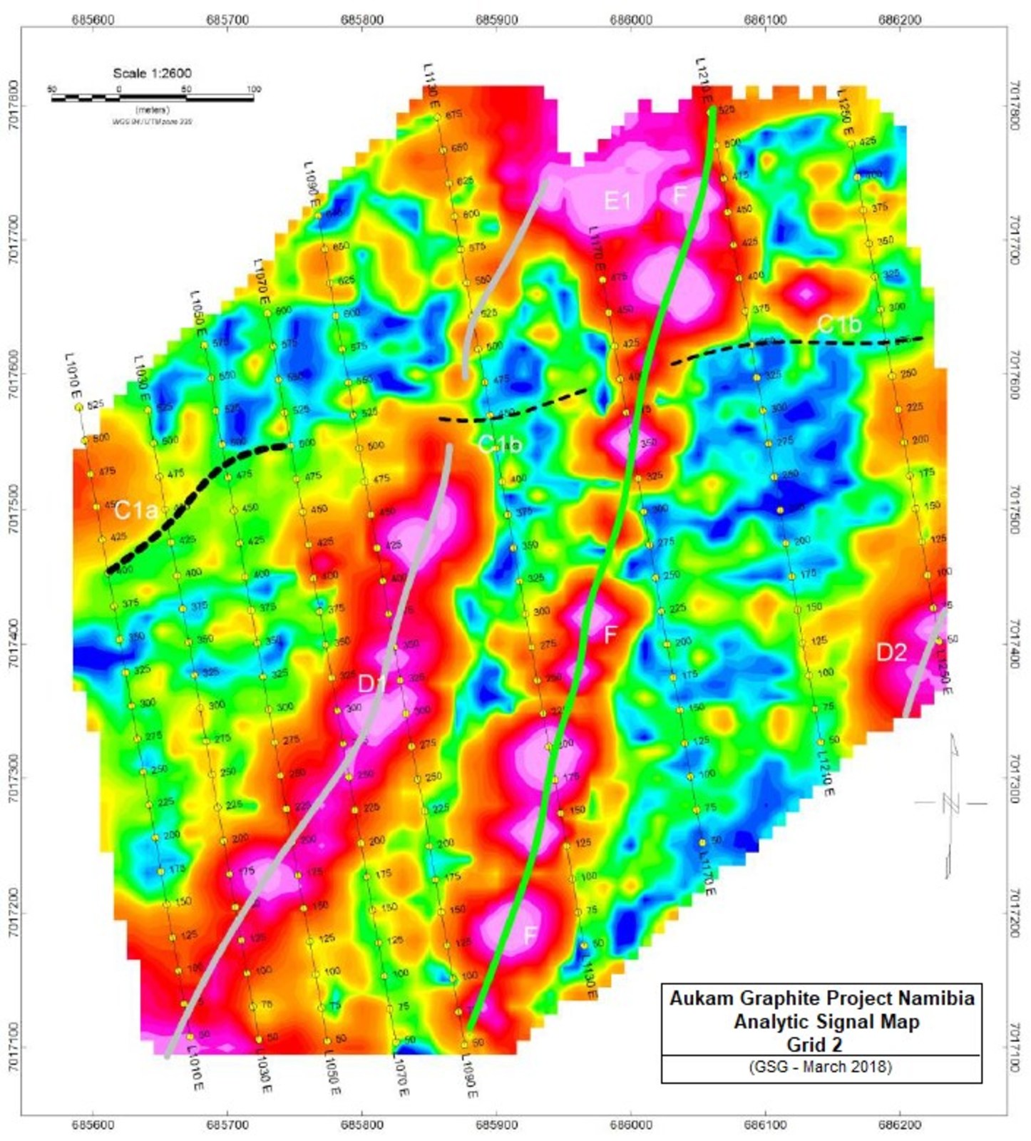 Figure 3 showing the interpretation overlain on the Grid 2 Analytical Signal Map. Conductor C1 is interpreted as possible graphitic mineralization. The best EM anomaly is at C1a and trenching is recommended here on Line 1030