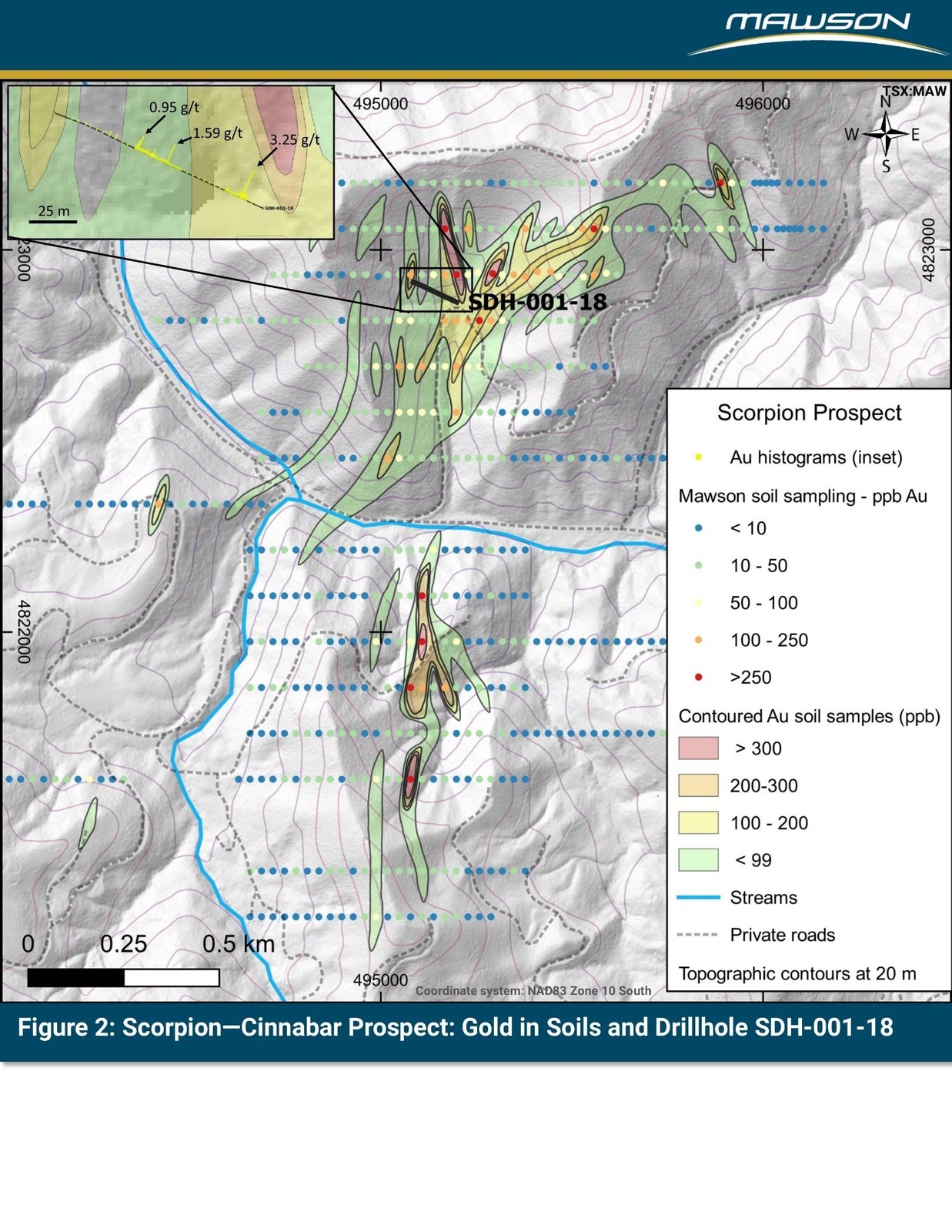 Figure 2: Scorpion-Cinnabar Prospect: Gold in Soils and Drillhole SDH-001-18