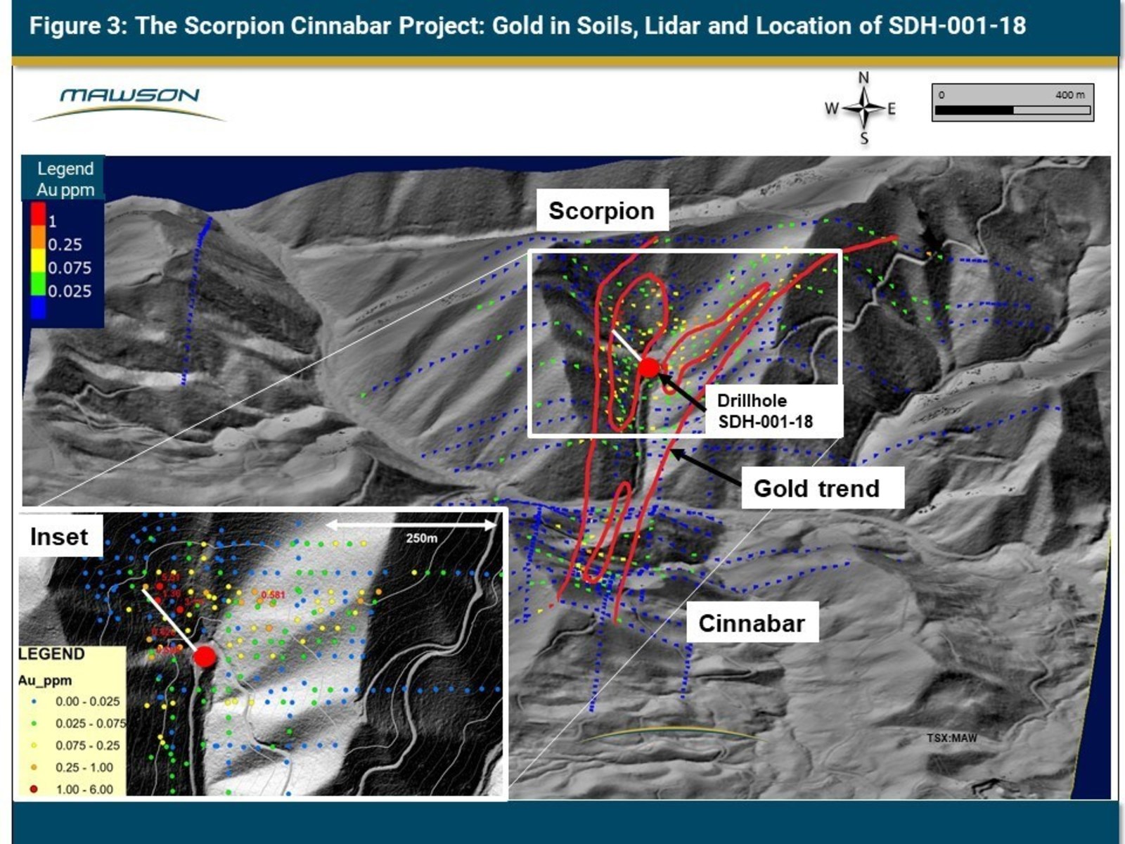 Figure 3: The Scorpion Cinnabar Project: Gold in Soils, Lidar and Location of SDG-001-18