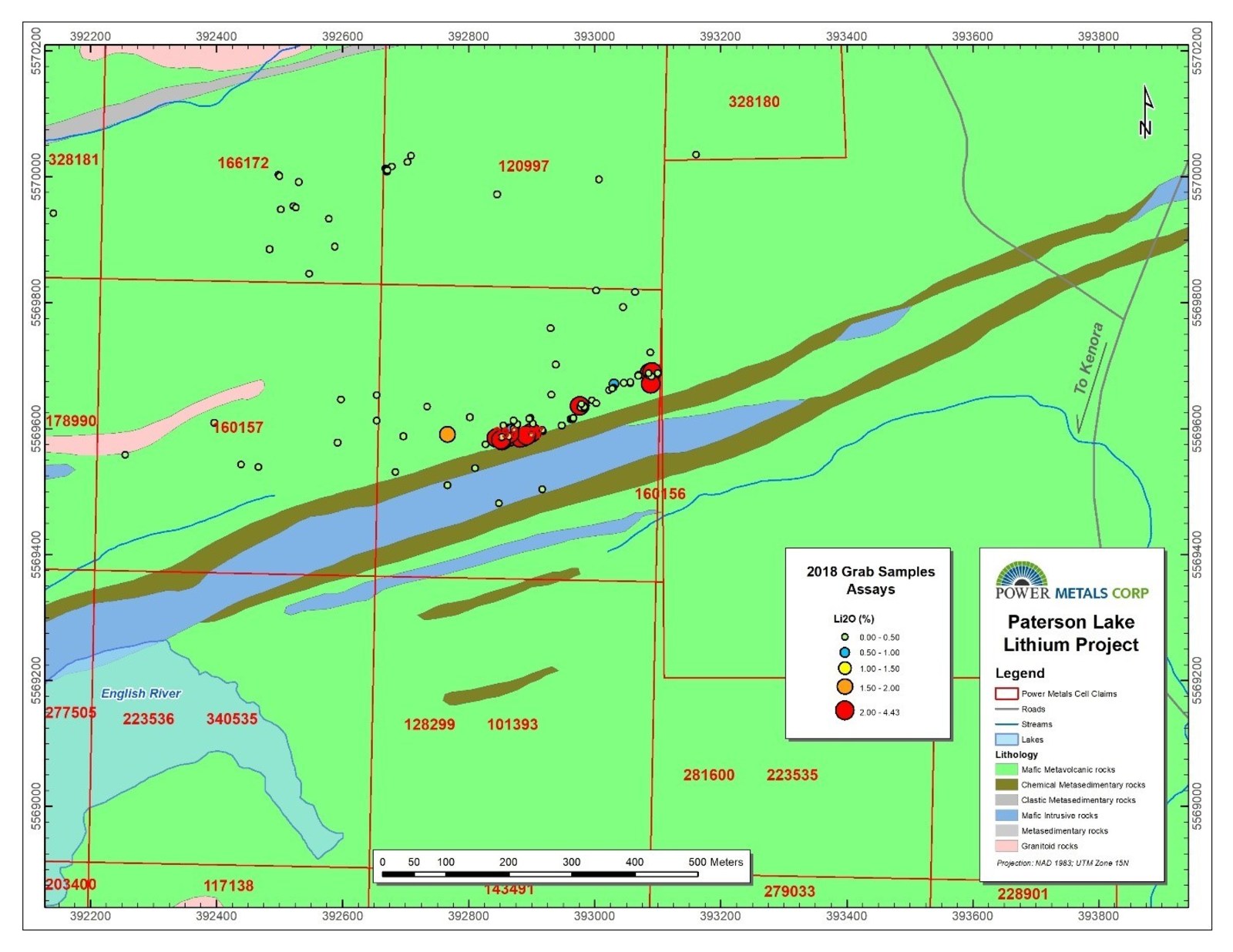 Figure 2 Power Metals summer 2018 grab sampling in Marko’s pegmatite area, Paterson Lake Property.