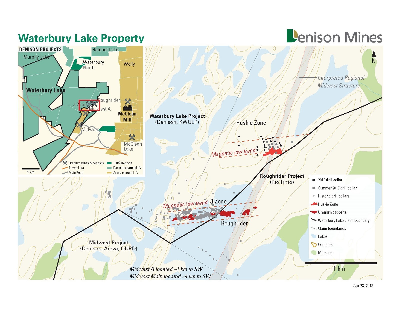 Figure 1: Location of summer 2017 drill collars on Denison’s Waterbury Lake project.