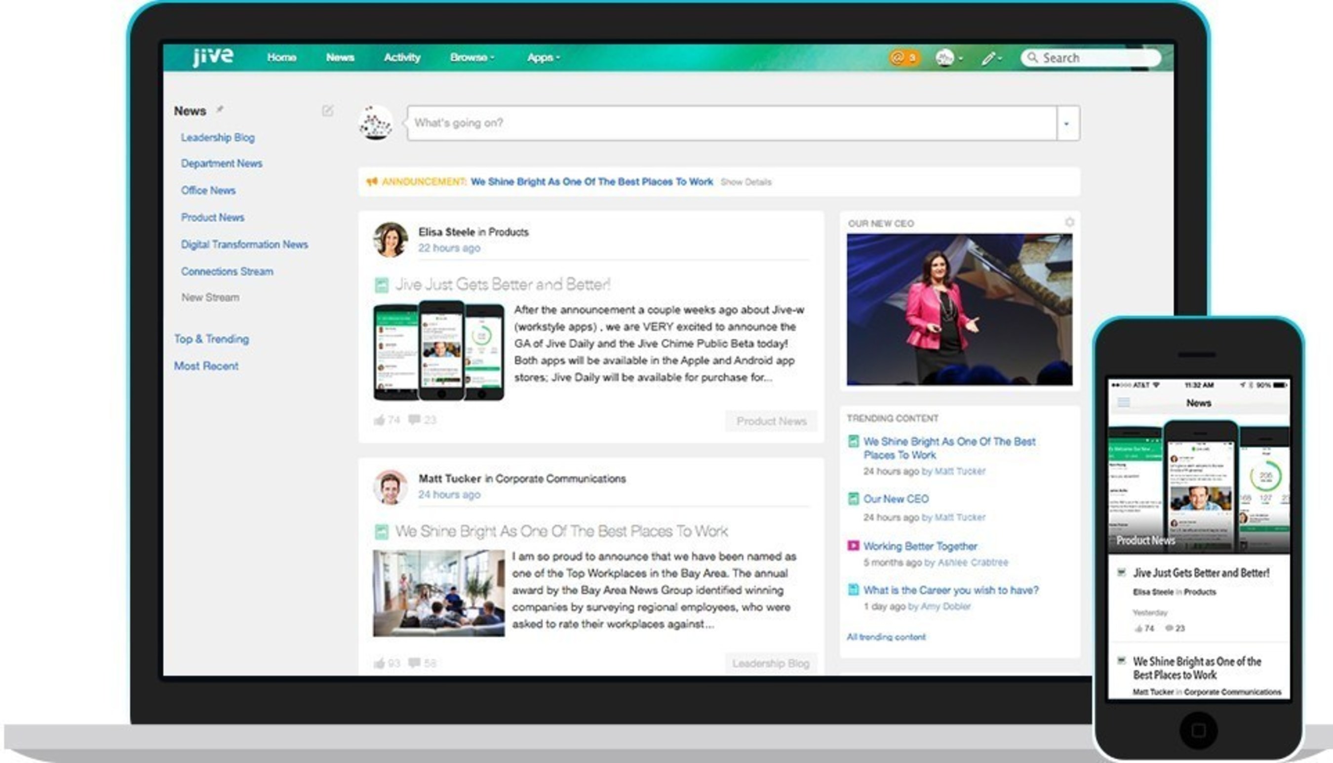 Historical Jive intranet dashboard showing employee collaboration and activity feeds