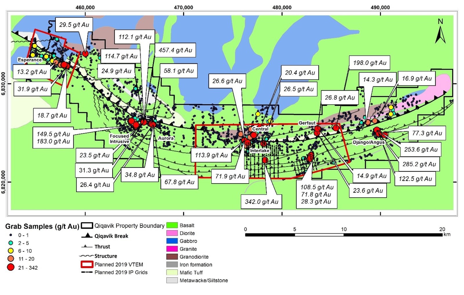 Figure 1: 2016-2018 High Grade Gold Surface Grab samples and Planned Geophysical Survey Coverage Area on the Qiqavik Property