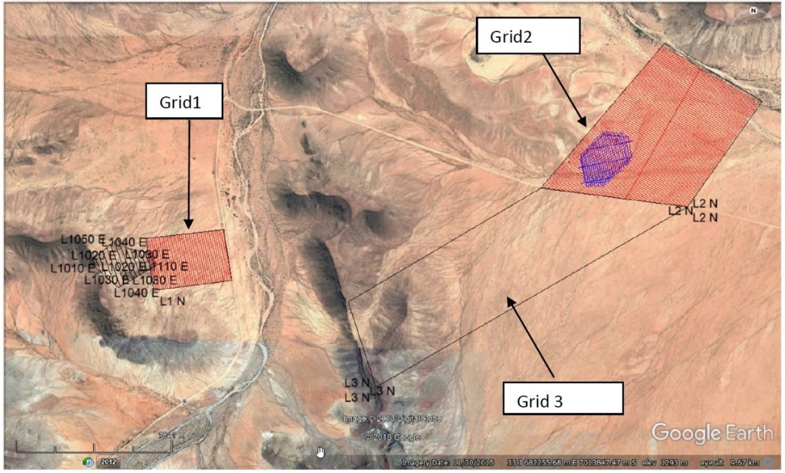 Figure 1 showing 2016 survey in black, Grid 1 & Grid 2 completed in 2018, Grid 3 proposed for 2019