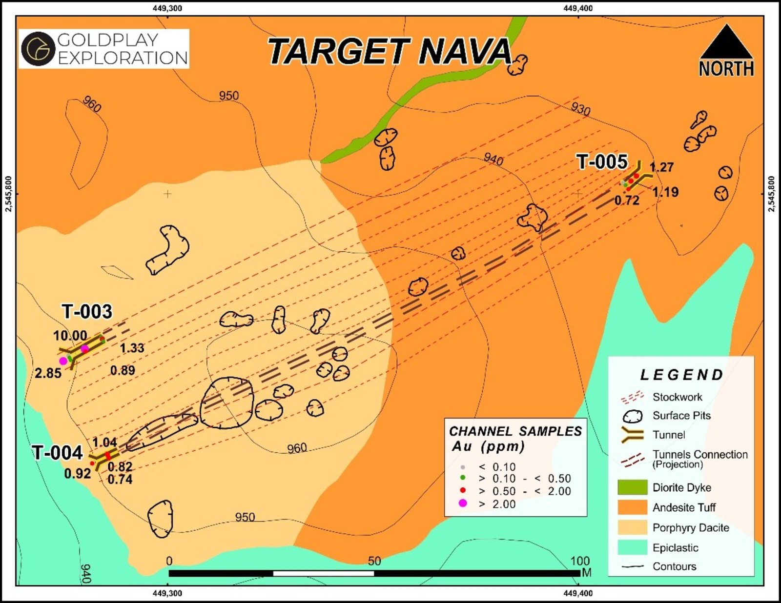 Figure 4 Nava Zone – Geology and Tunnel Sampling Results