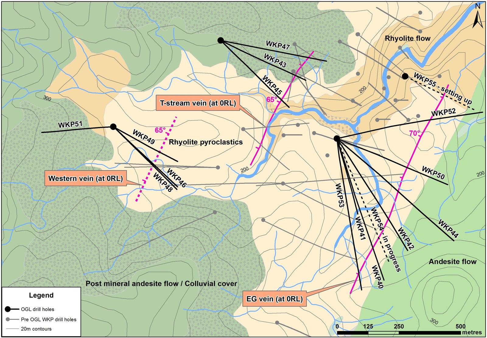 Figure 1: Plan View of geology and distribution of known veins at WKP