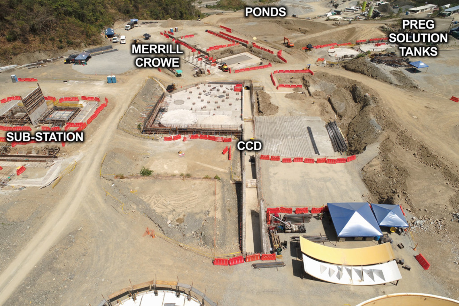 Figure 3: View of Sub-station, CCD, Merrill Crowe, Ponds and Preg Solution Tanks