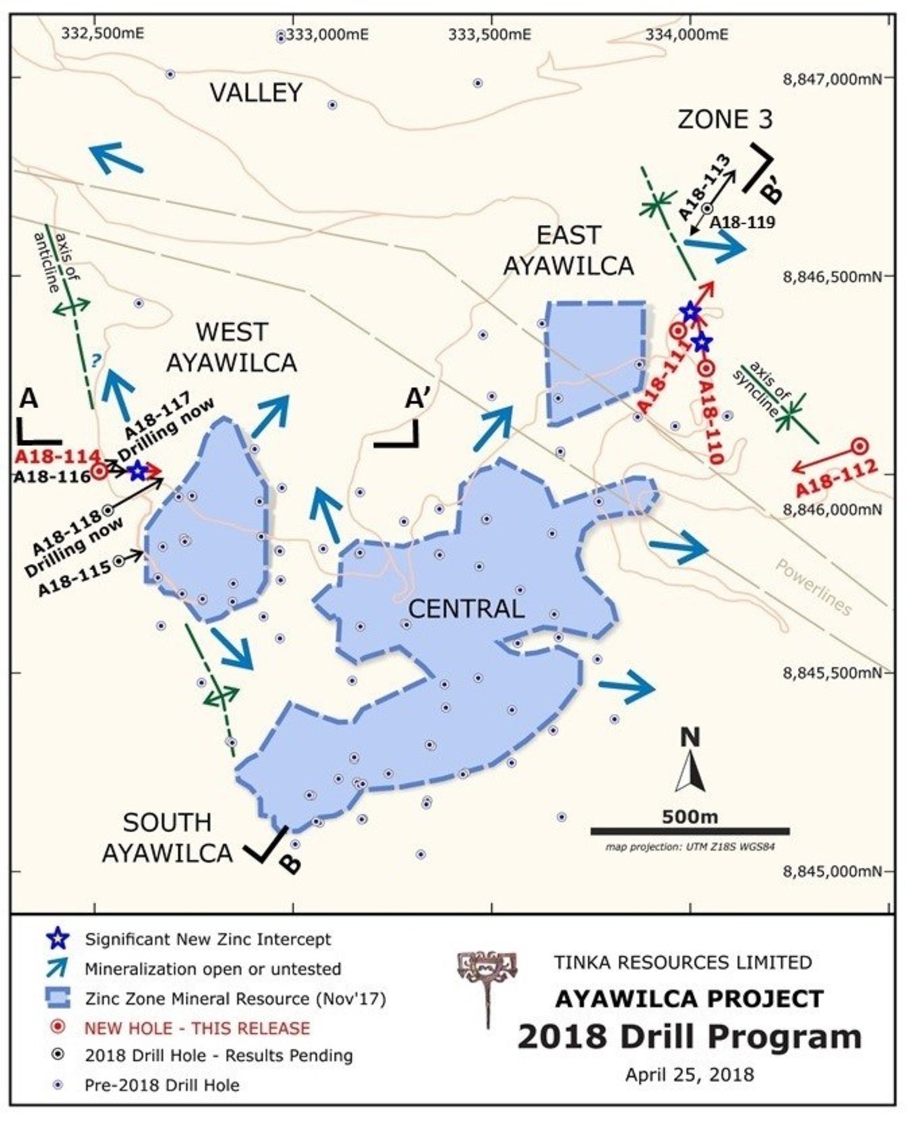 Figure 1. Ayawilca drill hole location map highlighting 2018 drill holes & known zinc resources