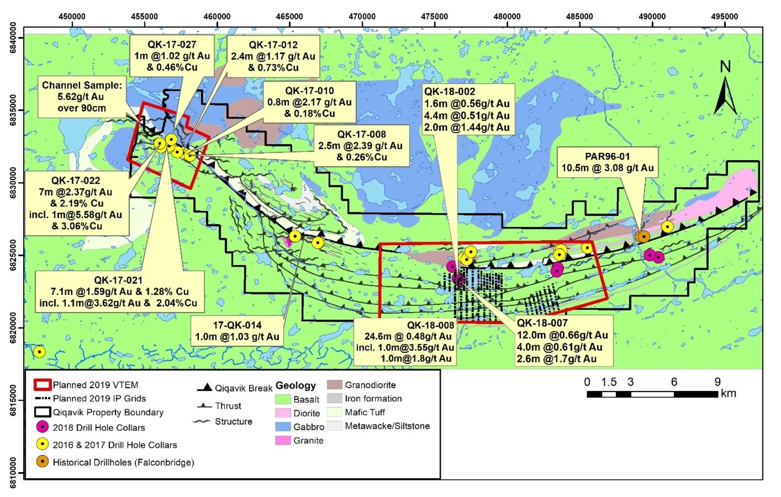 Figure 2: 2016-2018 Significant Drilling Results and Planned Geophysical Survey Coverage Area on the Qiqavik Property