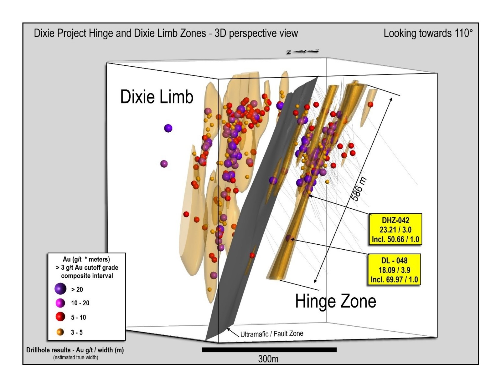 Figure 2: Rotated view looking to the southeast of the Hinge and Dixie Limb Zones showing multiple steeply-plunging gold mineralized zones that have been intersected to-date, flanking a central ultramafic-intruded fault.  Drill hole DL-048 collared in the Dixie Limb Zone and continued across the Hinge Zone at depth.  It is Great Bear’s deepest drill hole into the Hinge Zone mineralization to-date.