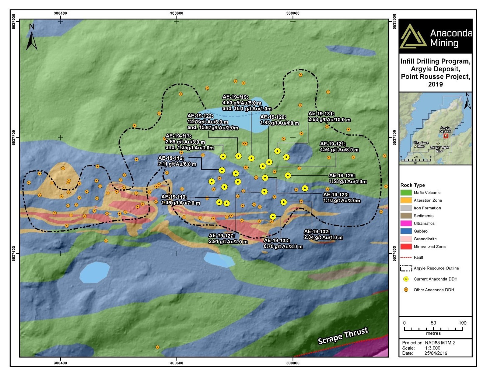 Exhibit A. A map of the Argyle deposit showing the location of recent drill collars and highlighted composited assays.
