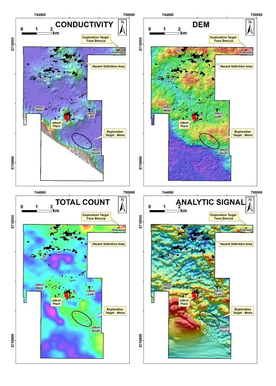 Figure 2: Clockwise from top left: HeliTEM Conductivity Grid, Digital Elevation Model, Analytic Signal Magnetics and Total Count Radiometrics. Manganese occurrences in mapping and preproduction. (CNW Group/Meridian Mining S.E.)