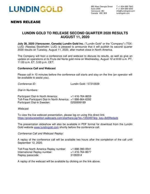 Lundin Gold to Release Second Quarter 2020 Results August 11, 2020 (CNW Group/Lundin Gold Inc.)