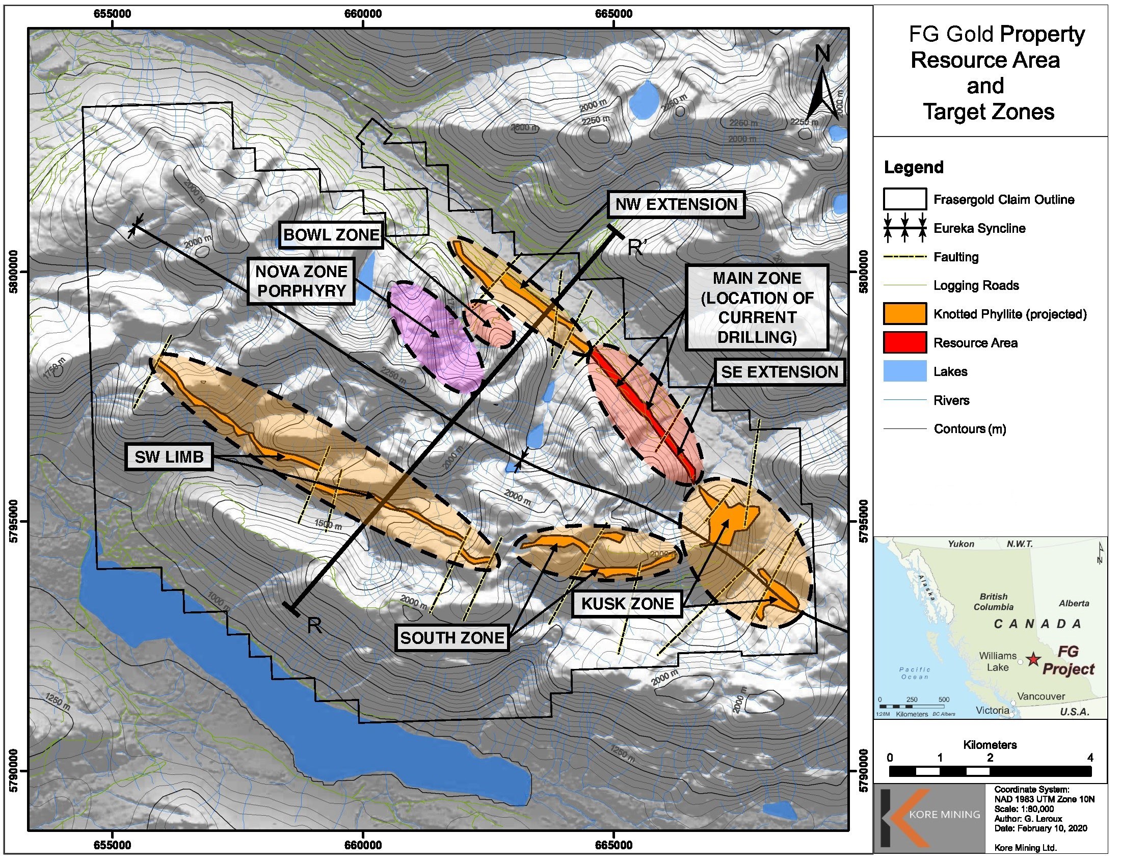 Figure 4 – Property Map with Exploration Zones and Projected Trend (CNW Group/Kore Mining)