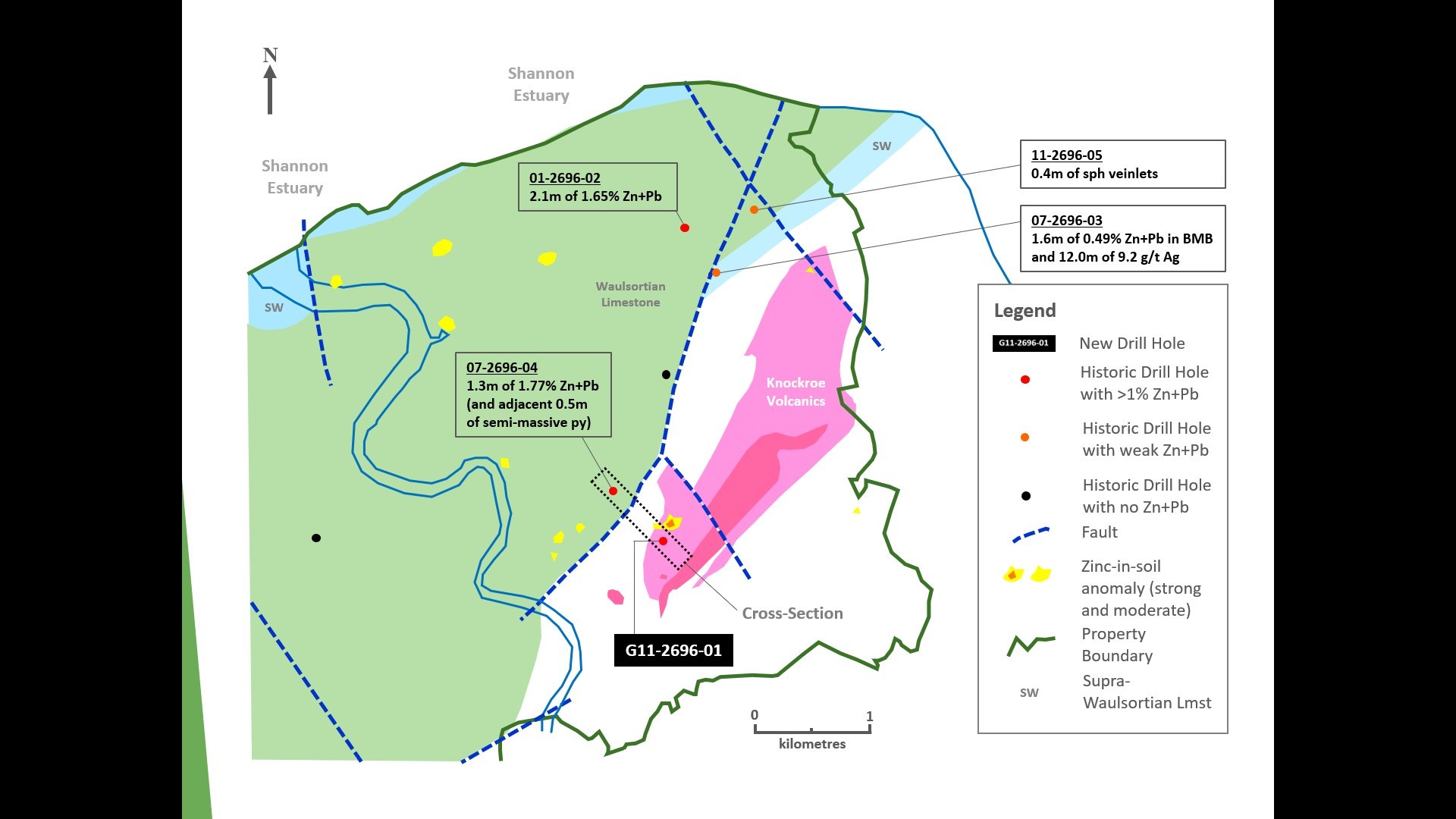 Exhibit 3. Compilation Map of the Corcamore Prospect (showing G11-2696-01), PG West, Ireland (CNW Group/Group Eleven Resources Corp.)