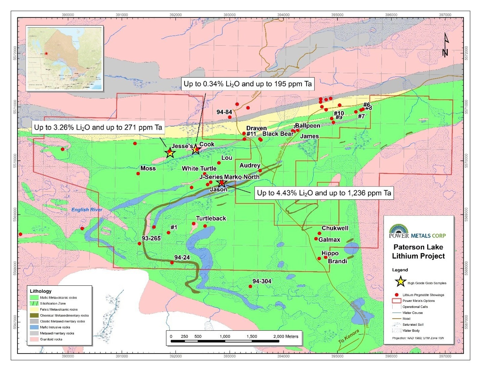 Figure 1 Geology map of Marko’s, Jesse’s and other petalite pegmatite occurrences in Separation Rapids Greenstone Belt, northwestern Ontario.