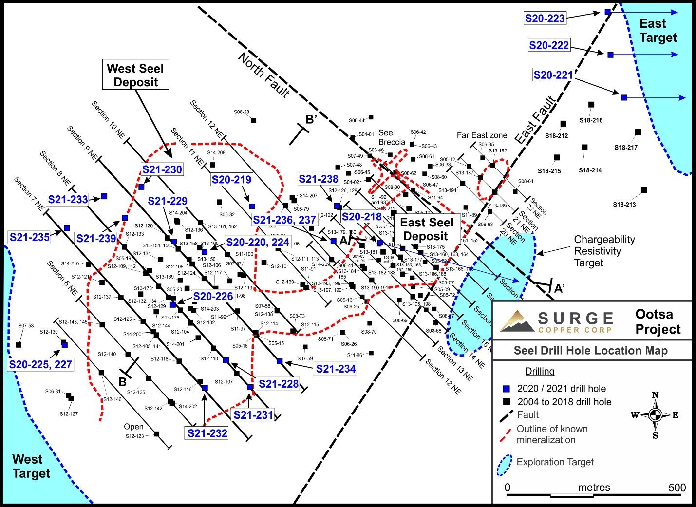 Figure 4. Plan map of drill hole locations for ongoing drill program at Ootsa. (CNW Group/Surge Copper Corp.)