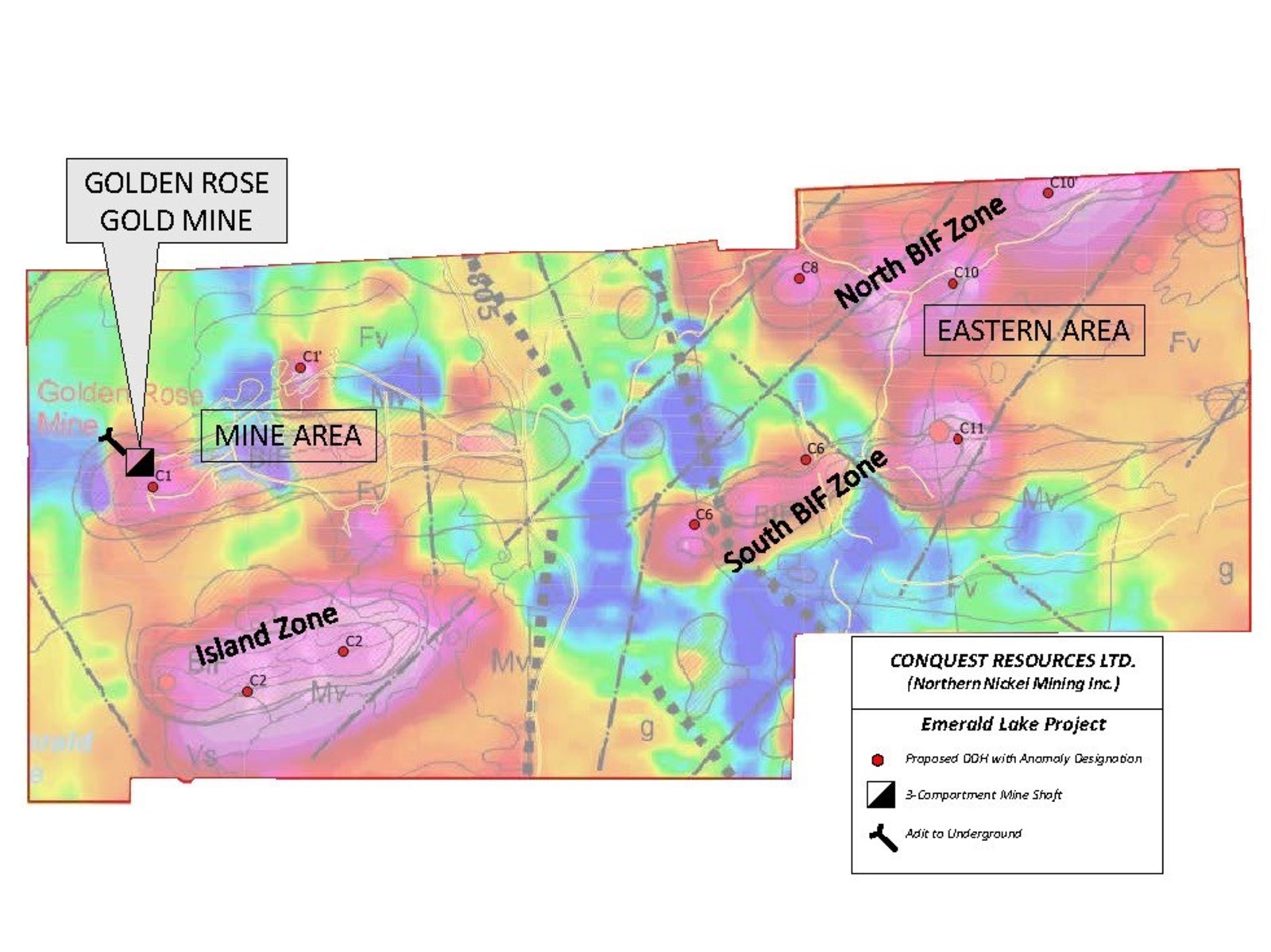 Figure 1: VTEM geophysical map showing exploration zones and recommended diamond drill holes
