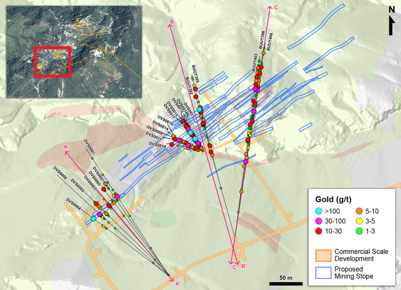 Figure 1 – Plan View of Infill and Definition Drilling in the Veta Sur System