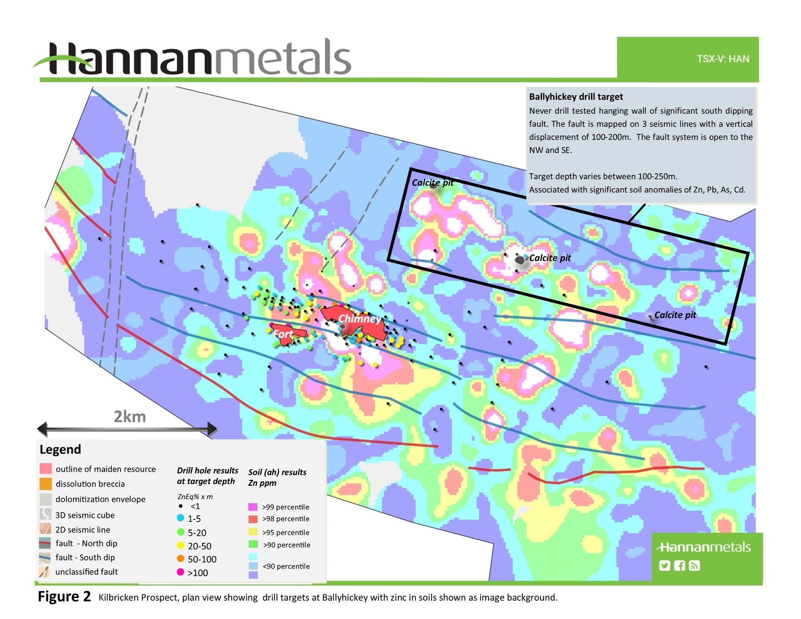 Figure 2 Kilbricken Prospect, plan view showing drill targets at Ballyhickey with zinc in soils shown as image background.