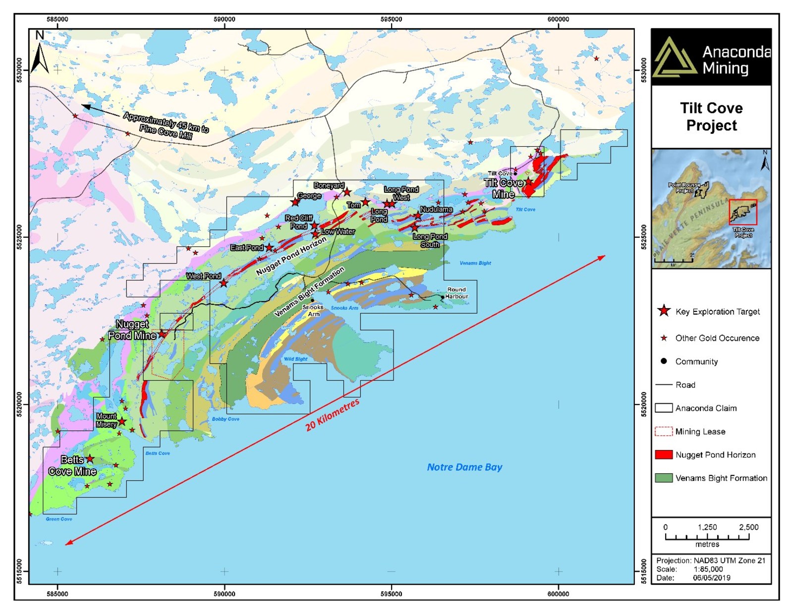 Exhibit A. A geological map of the Tilt Cove Project in the Baie Verte Mining District of Newfoundland. The map highlights the Nugget Pond Horizon and the Venams Bight Formation as key host rocks to gold deposits at both the Tilt Cove and Point Rousse Projects as well as key exploration targets.