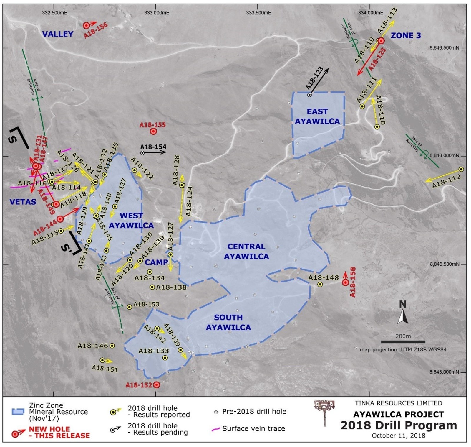 Figure 2.  Ayawilca drill hole map highlighting 2018 holes & existing zinc resources