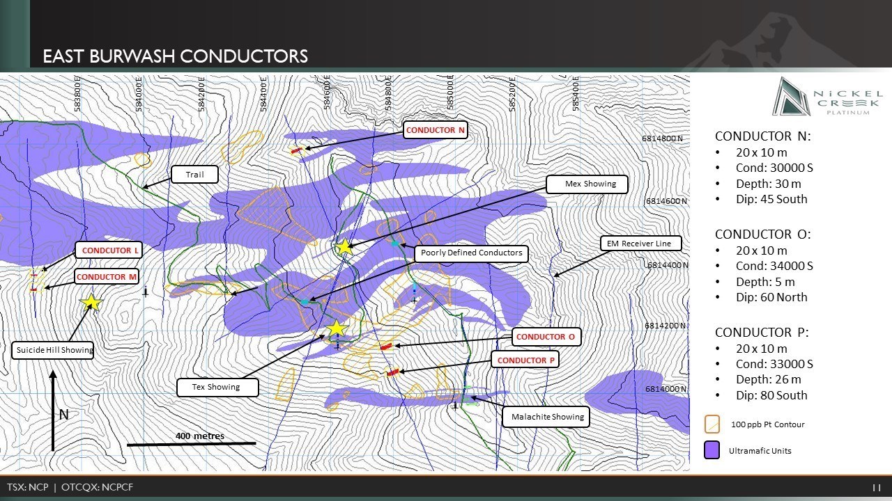Figure 6: EM survey layout and conductor locations for the East Burwash Area (CNW Group/Nickel Creek Platinum Corp.)