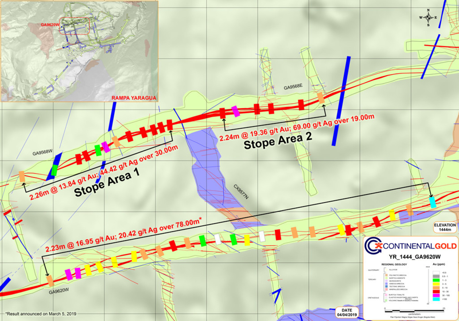 Figure 1 – Stope Areas 1 and 2 located in the Central Portion of the Yaraguá System at 1,444 RL