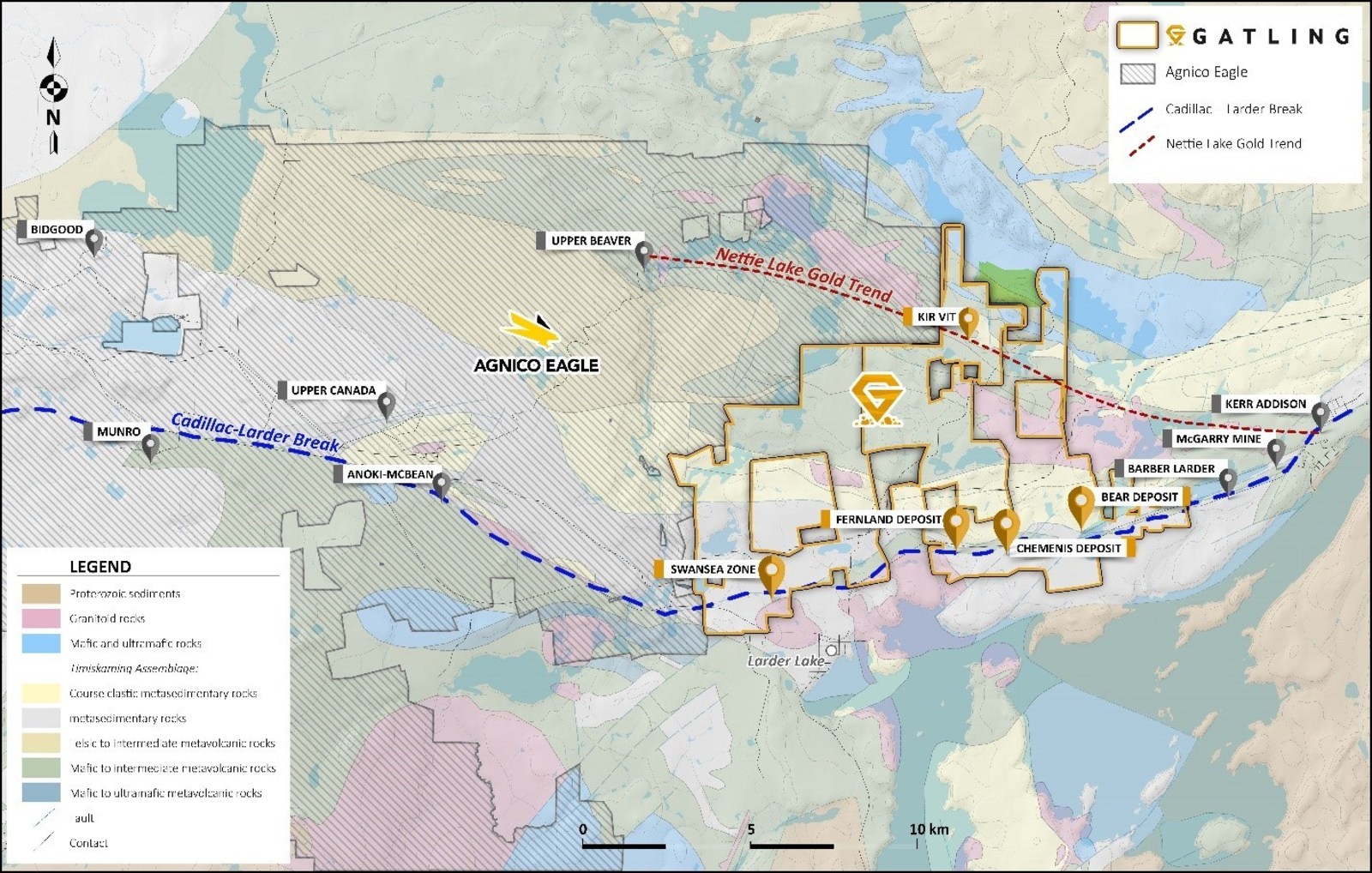 Figure 1. Larder Gold Project showing deposits and prospects with regional gold trends.