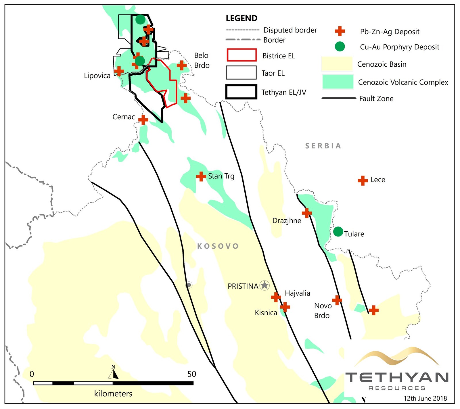 Figure 1: The Bistrice exploration license shown with simplified geology of Kosovo and the mineral deposits of the 'Trepca' mining district. Sources: www.kosovo-mining.org and internal company data.