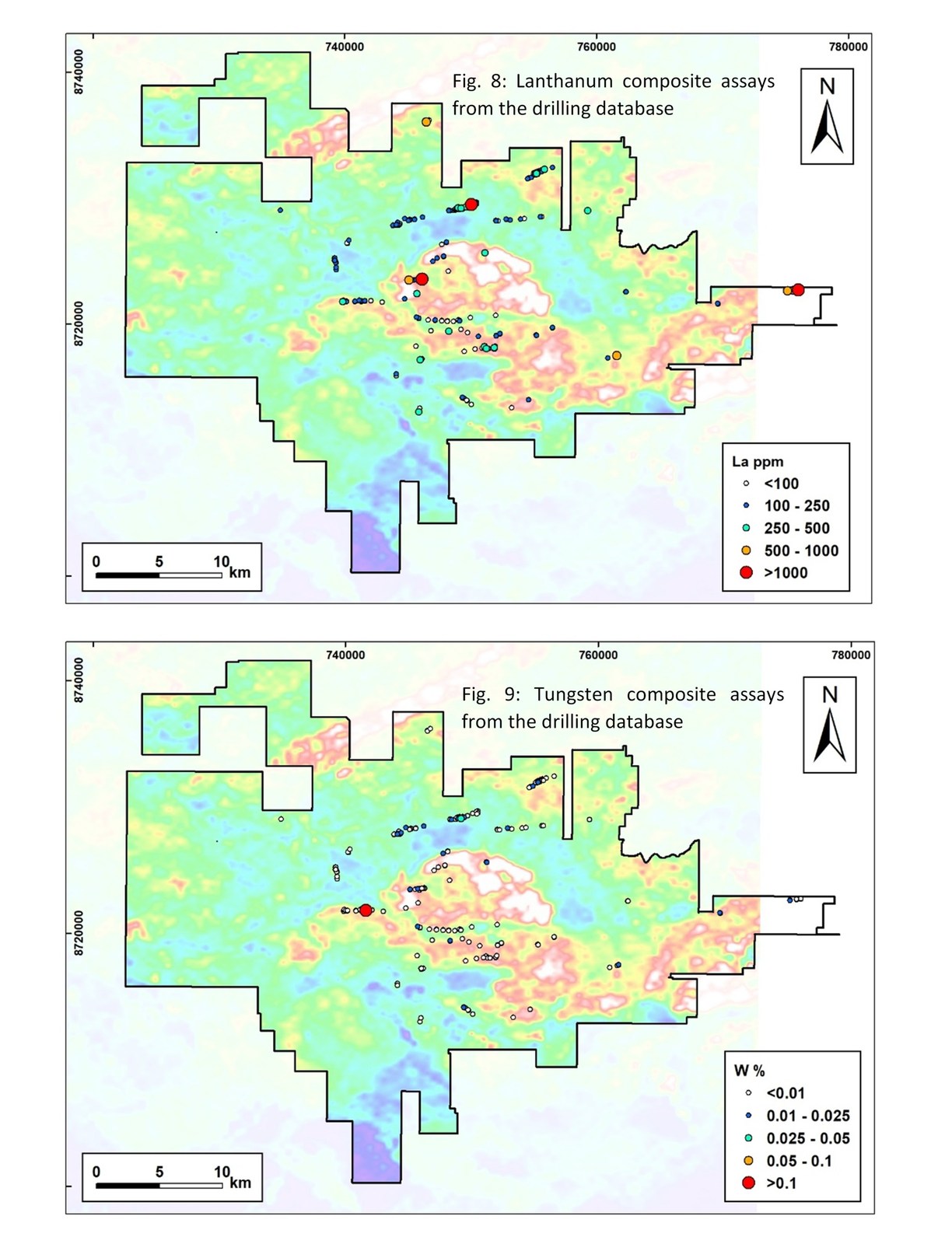 Fig. 8: Lanthanum composite assays from the drilling database
Fig. 9: Tungsten composite assays from the drilling database