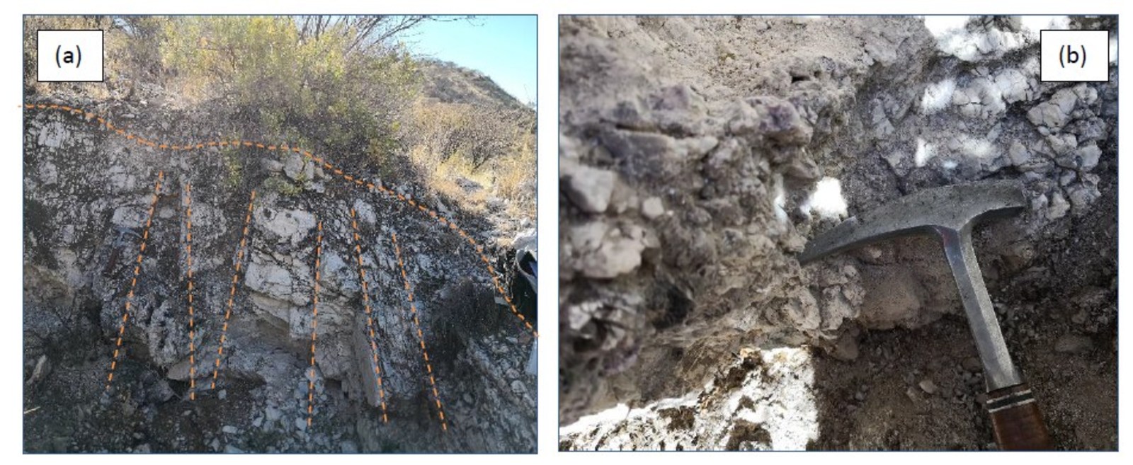 Figure 3 a) - The pegmatite Exposed in the Working, Appears to be the Roof of the Pegmatite Intrusion and is Conical to Dome Shaped. Figure 3 b) The In-Situ Lepidolite Mineralization Adjacent to Quartz Core, the Zone is Deeply Weathered and Saprolitic in Places