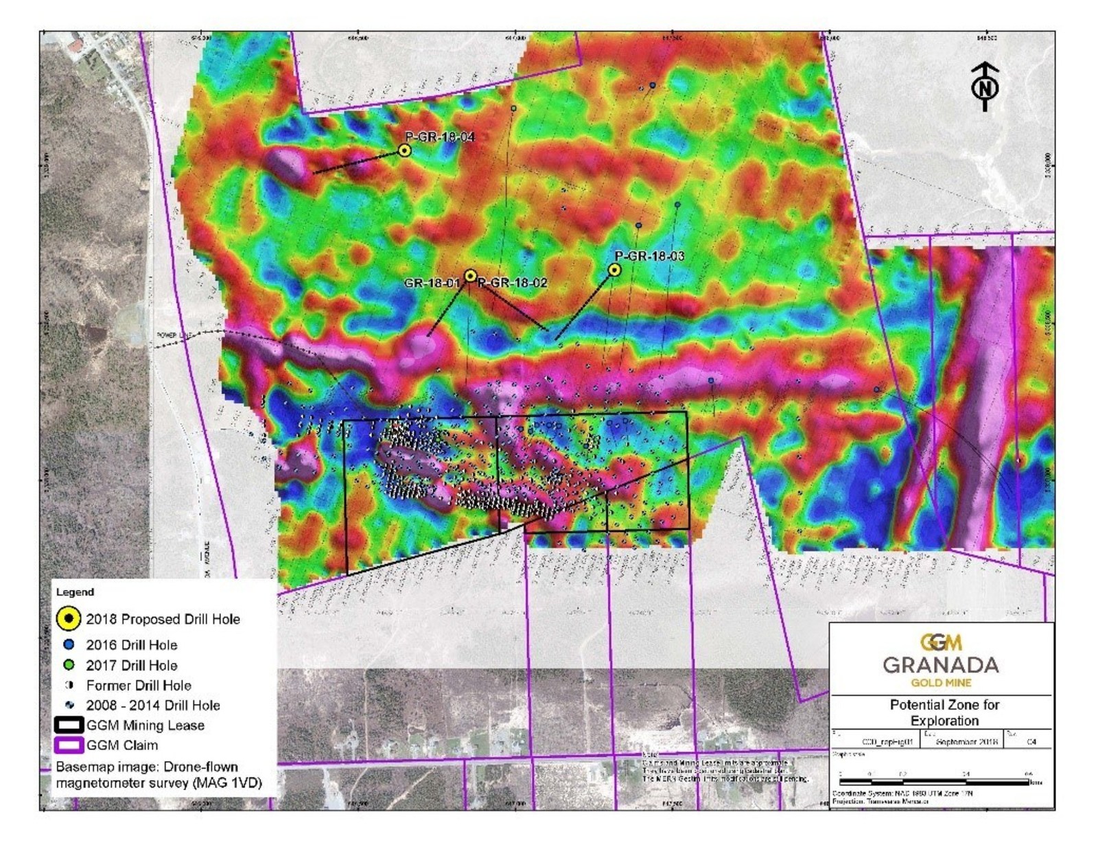 Figure 1: Location map of the drill program underlain by the Drone Airborne survey at Granada