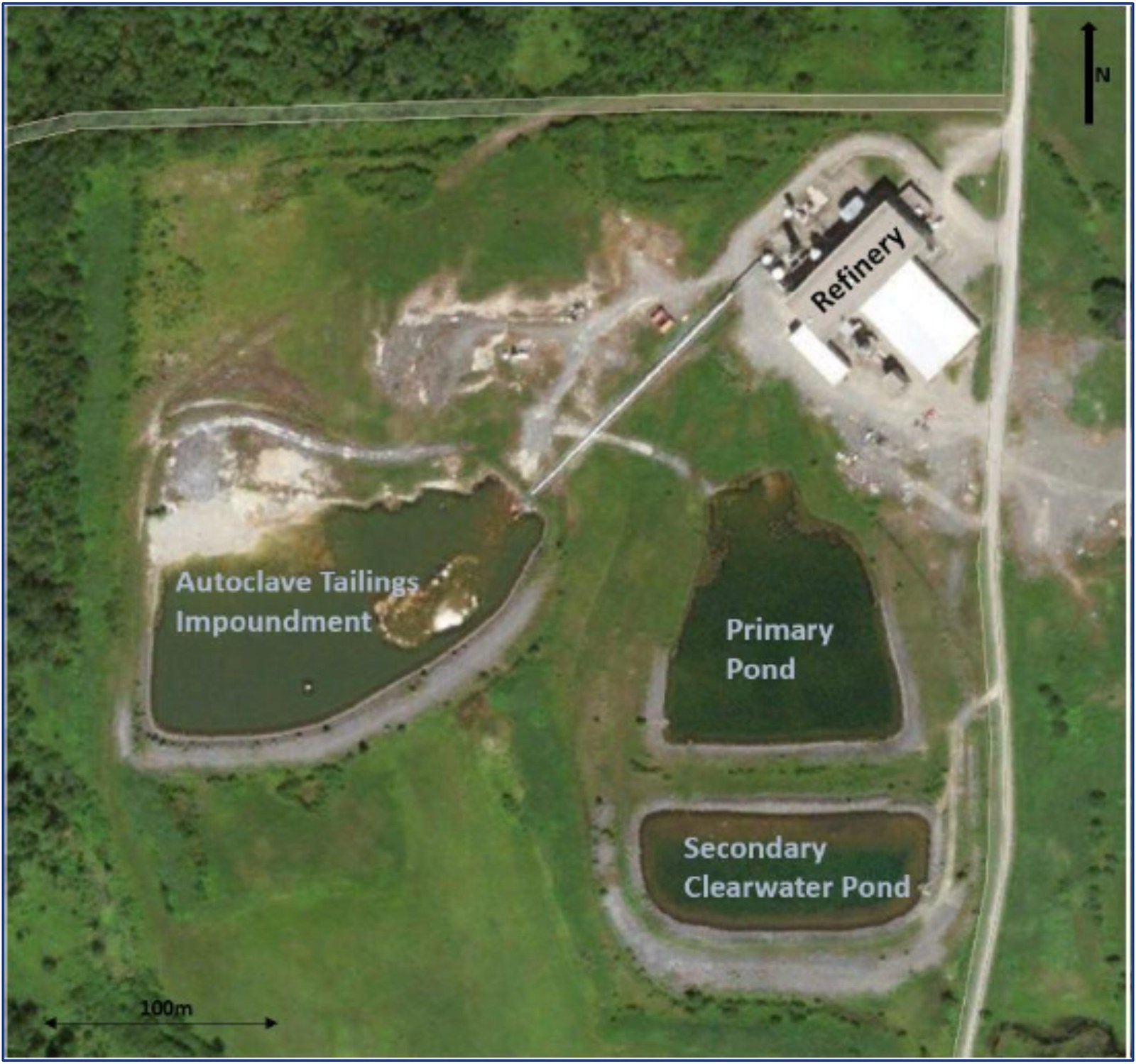 Image 1. Aerial image of the facility illustrating the existing footprint of the refinery building and the tailing ponds.